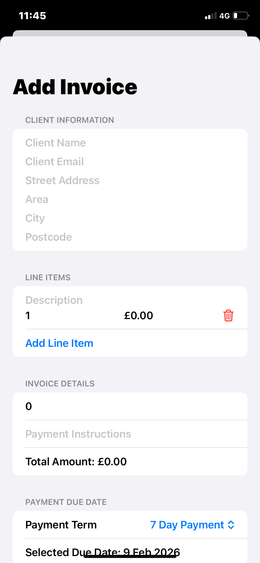 Add new invoice screen on iPhone