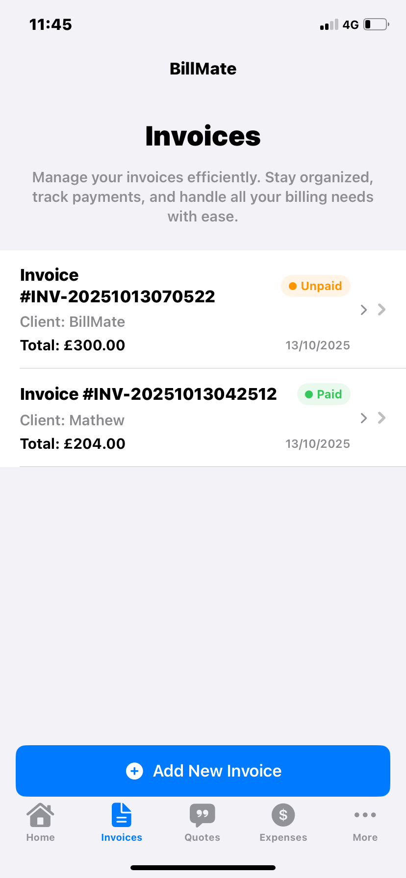 Invoice hub on iPhone showing your list of invoices