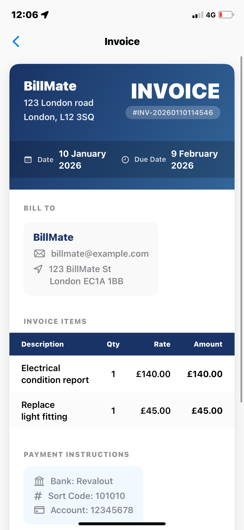 Invoice PDF preview page 1 on iPhone