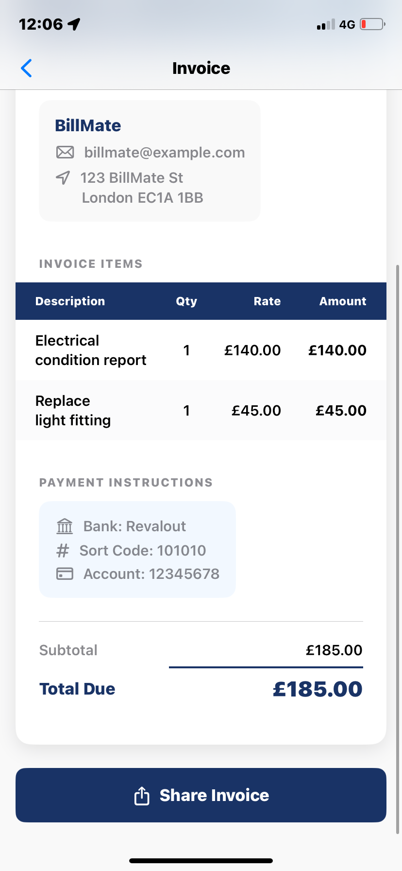 Invoice PDF preview page 2 on iPhone