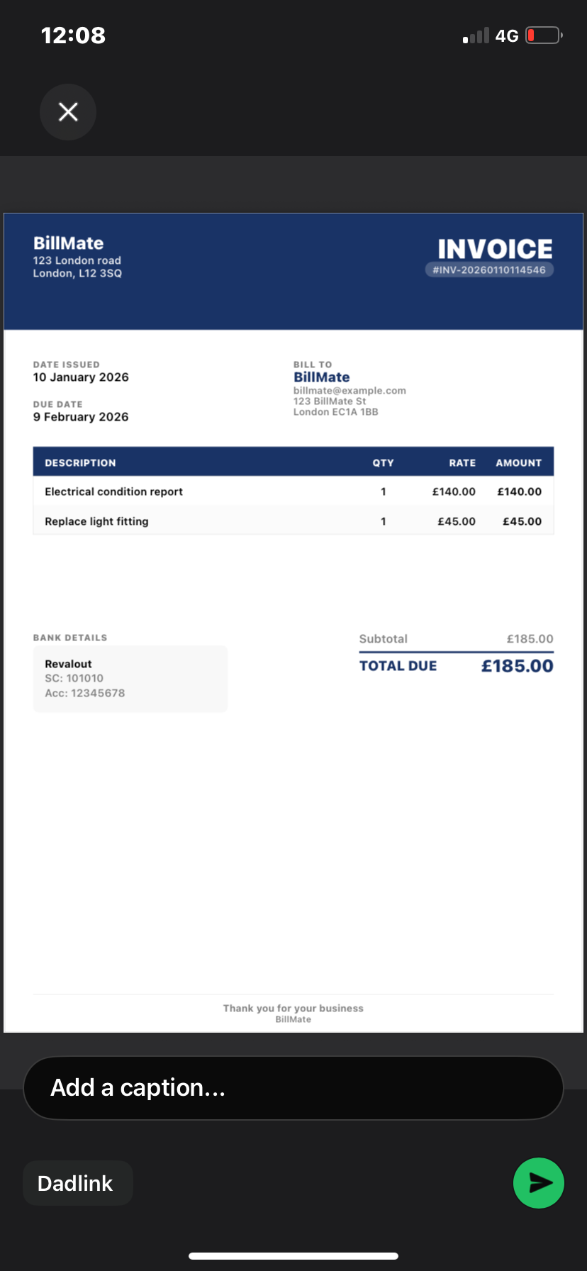 Share invoice screen with email, WhatsApp and other options
