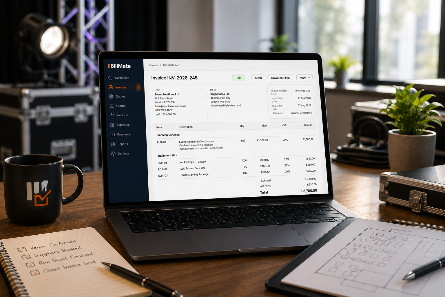 Event Services BillMate case study — Planning Fees vs. Equipment Hire