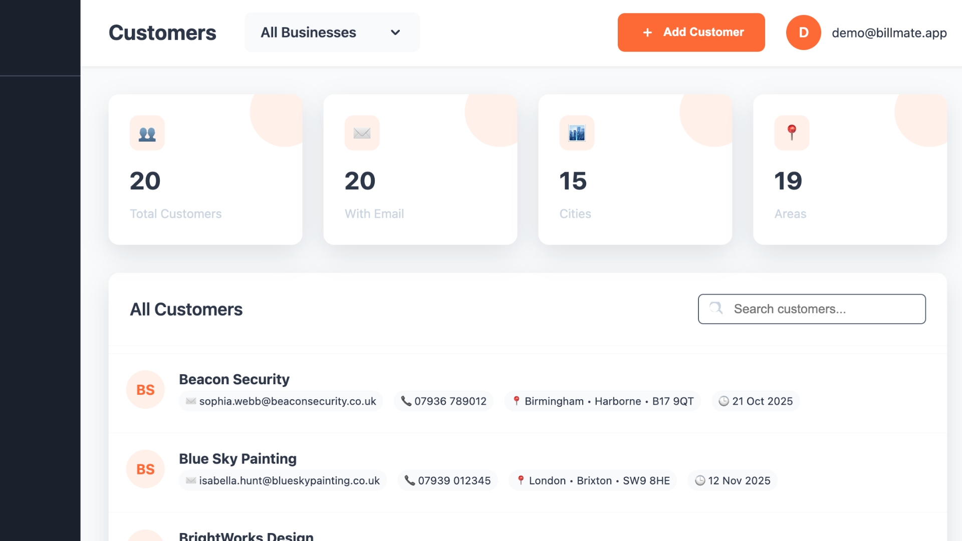 BillMate Web CRM Dashboard